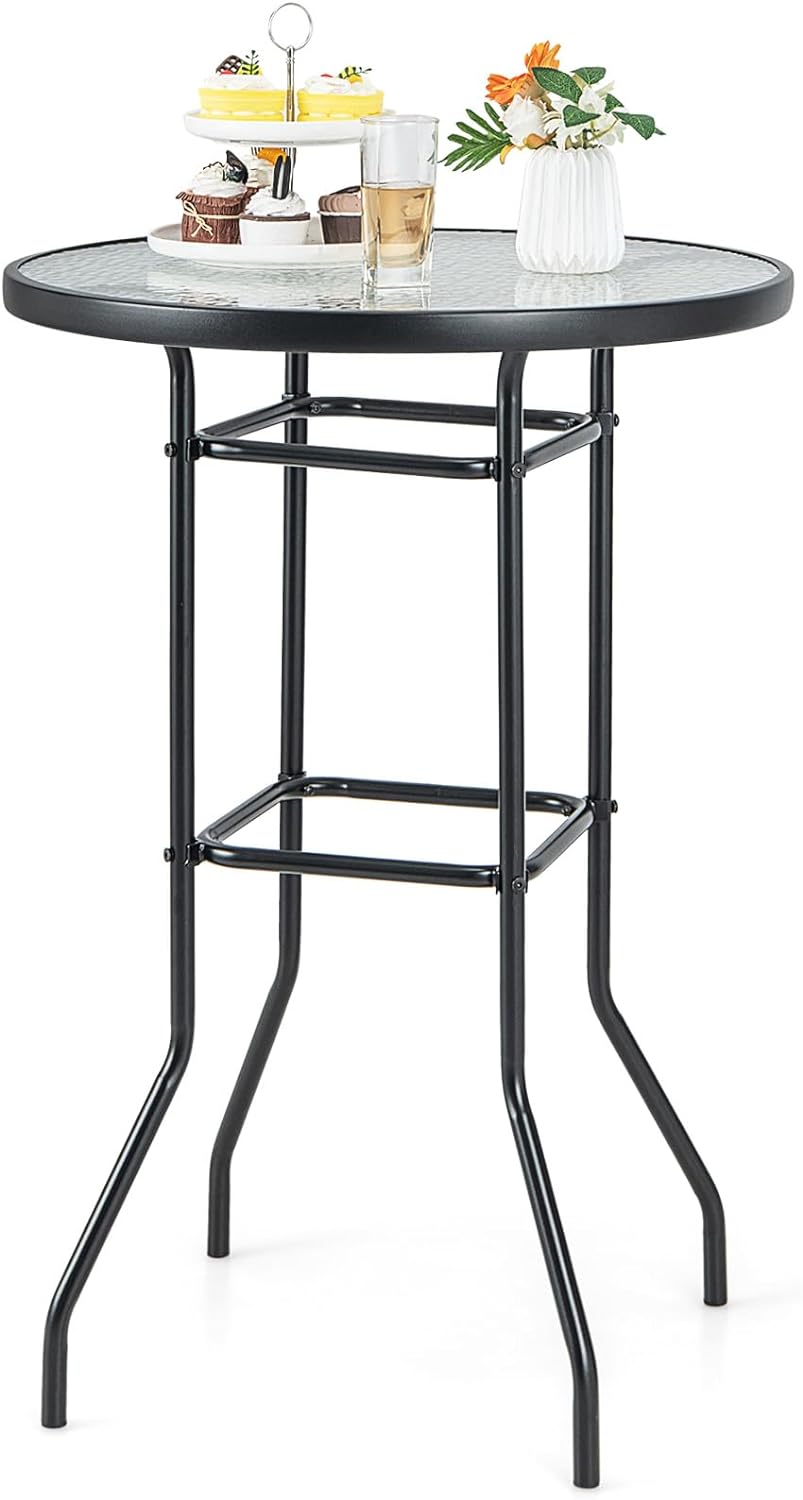 Wysoki stół ogrodowy, stolik barowy, okrągły stół bistro z blatem z hartowanego szkła, stół barowy na taras, podwórko, basen, 68 x 68 x 97 cm