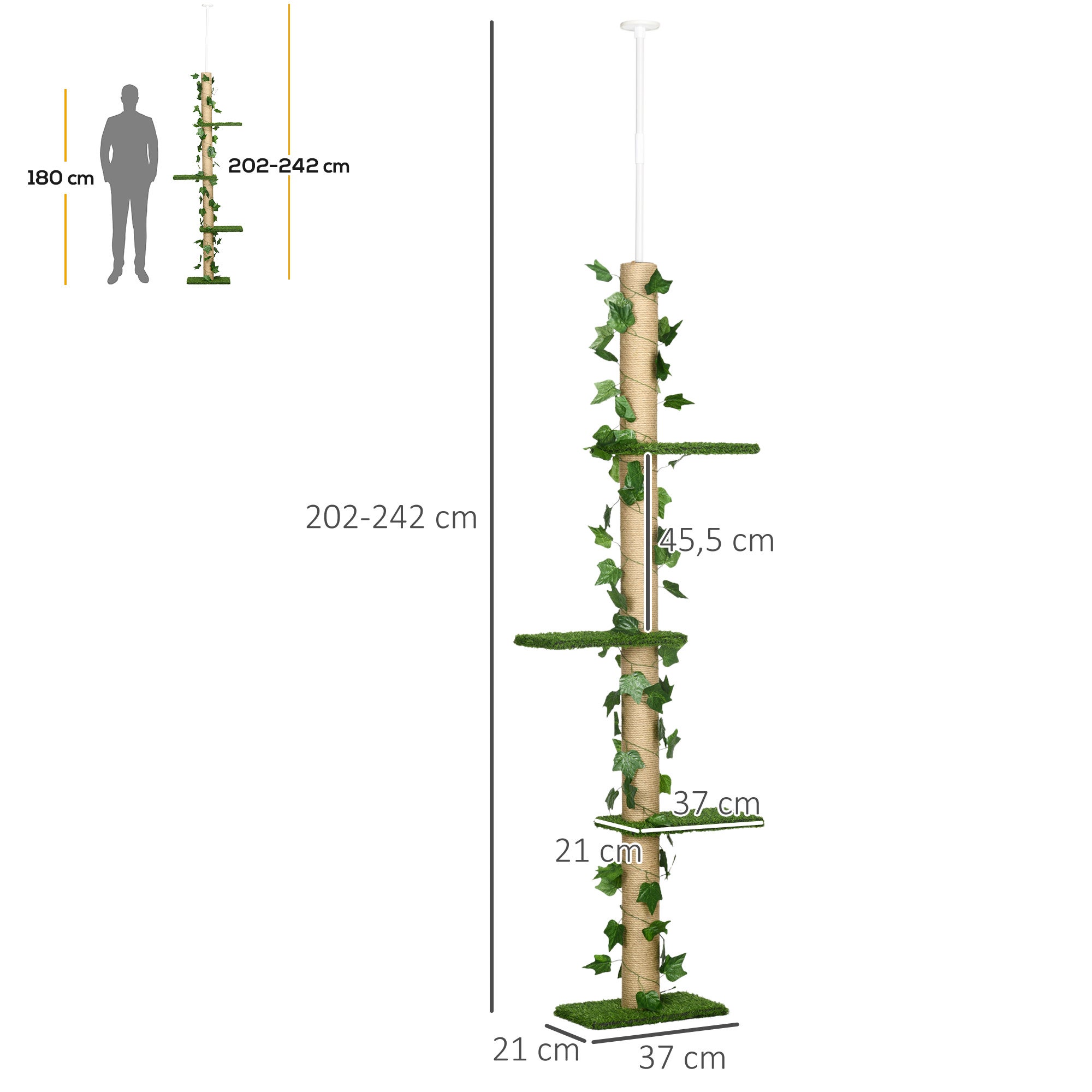 Arranhador para gatos com altura ajustável de 202 a 242 cm, árvore de escalada com altura regulável e dispositivo anti-tombamento, árvore de juta para - 3