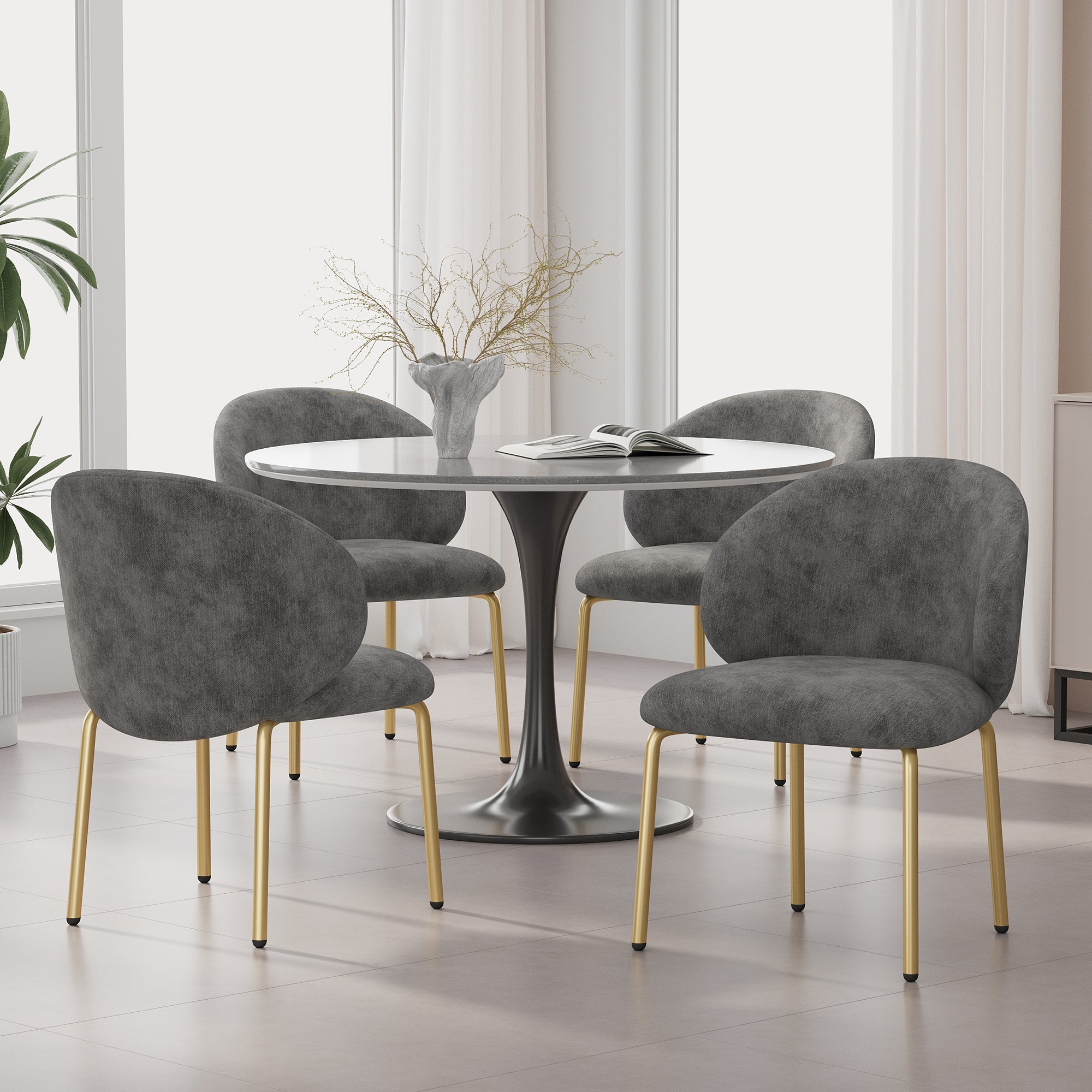 Zestaw 4 Krzeseł z tkaniny chenille - złocone metalowe nogi - krzesło do toaletki - krzesło do jadalni - Szary