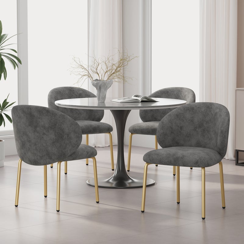 Zestaw 4 Krzeseł z tkaniny chenille - złocone metalowe nogi - krzesło do toaletki - krzesło do jadalni - Szary