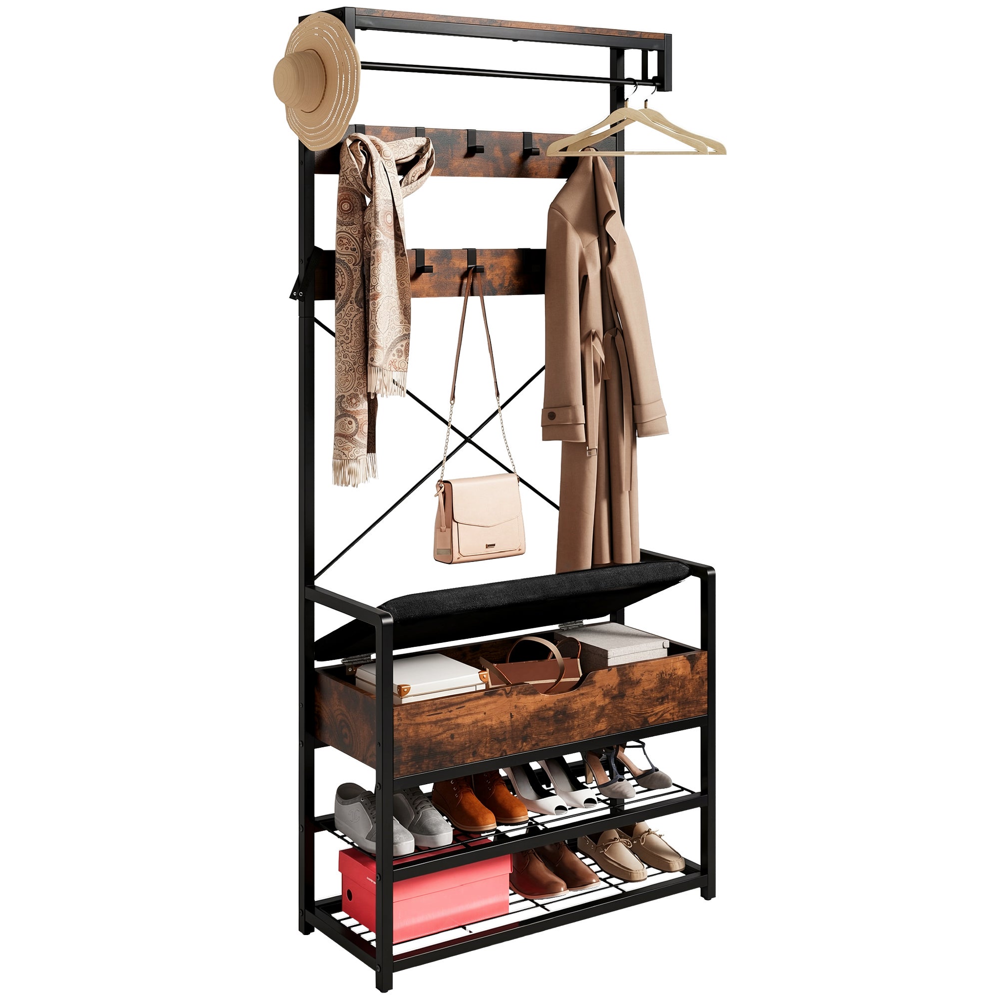 YITAHOME Porte-manteau avec meuble à chaussures, avec banc, 2 tiroirs rabattables et 8 crochets | Leroy Merlin