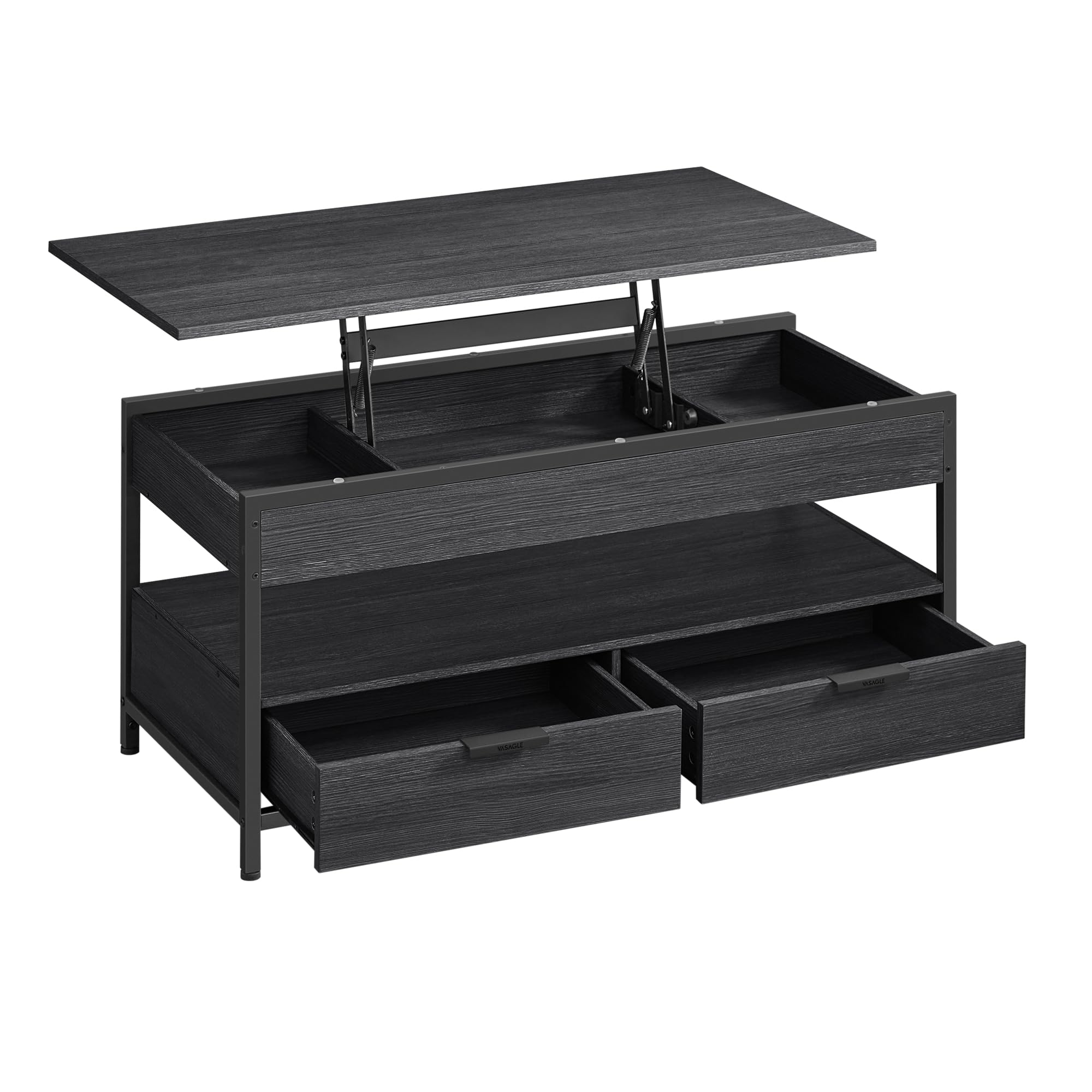 Table Basse Relevable Noir – Avec Ruban LED RGB Et 2 Tiroirs, Neuve