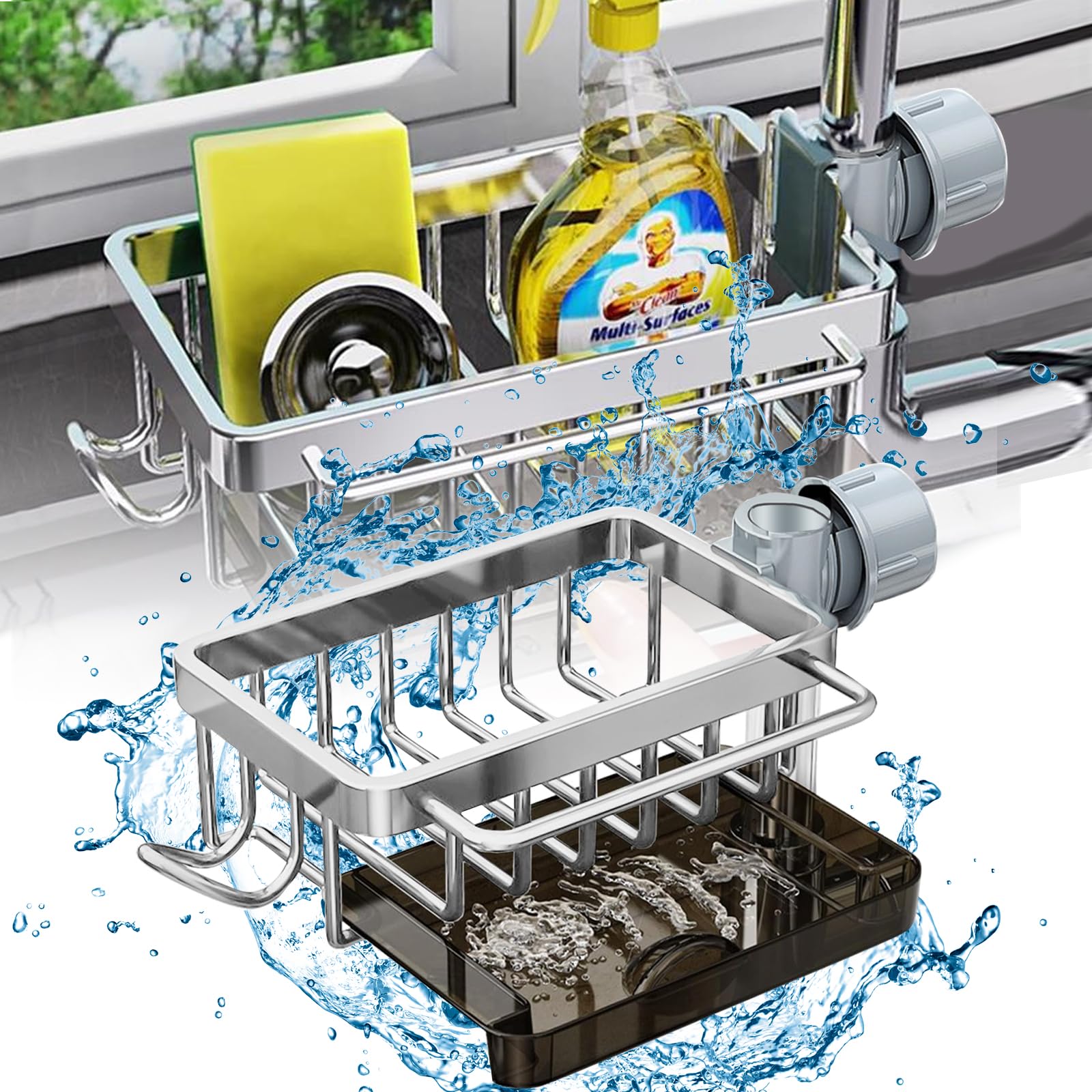 Ociekacz na Gąbki do Zlewu Kuchennego Aluminiowy Wiszący Organizer do Zlewu Półka na Kran z Organizatorem do Zlewu Stojak do Przechowywania Srebrny