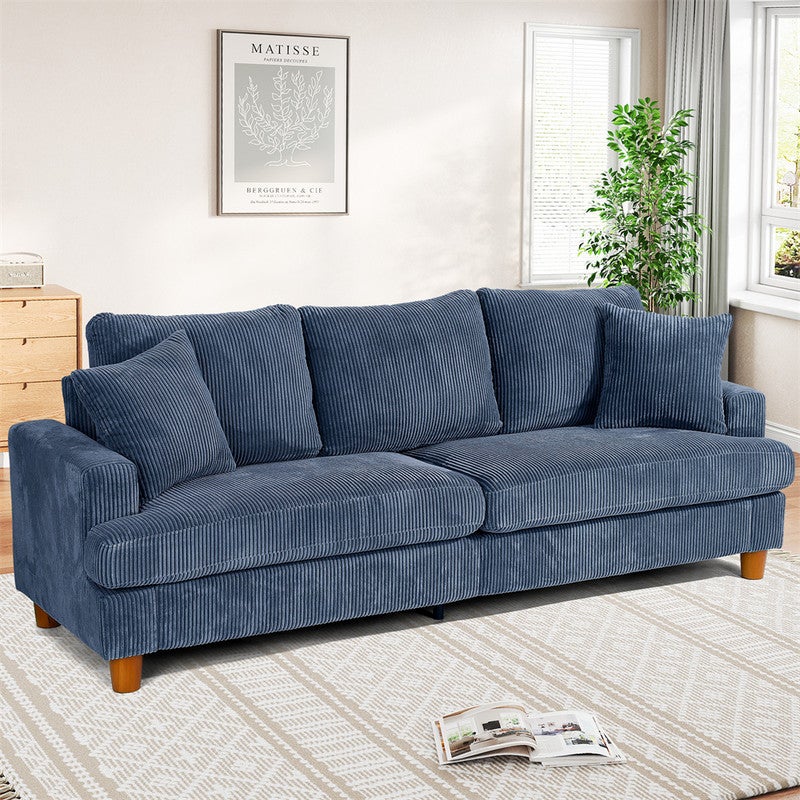 Grand Canapé 3 Places en Velours Côtelé Bleu,Canapé Scandinave avec 3 coussins et 2 oreillers pour le salon,220×76×84cm - 9