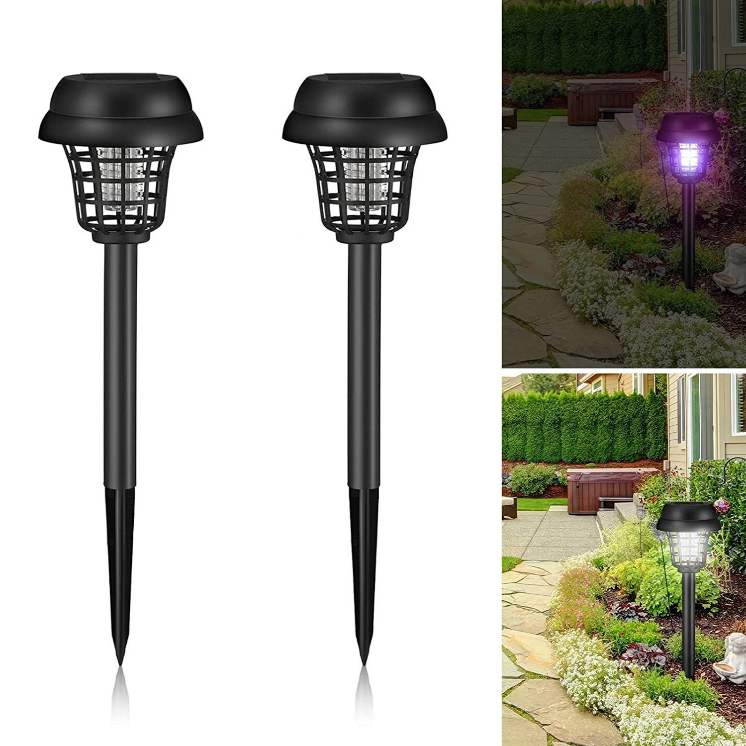 Zestaw 2 fioletowych, zasilanych energią słoneczną lamp ogrodowych LED odstraszających komary, przeznaczonych do użytku na zewnątrz, 35,5 x 9 cm