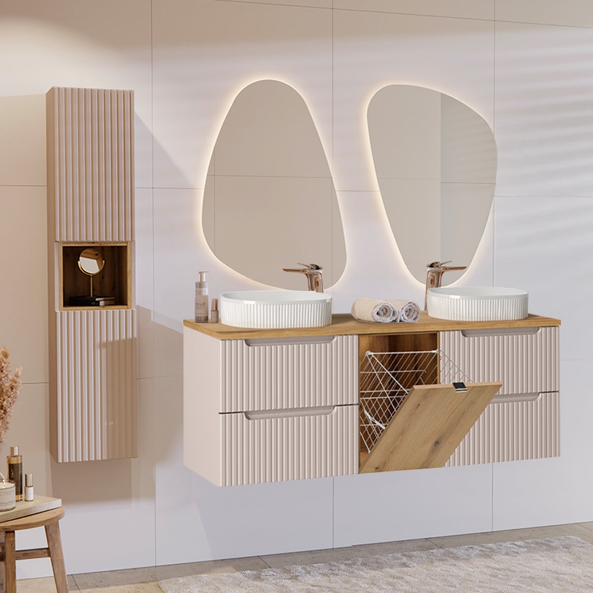 Lavabo doble de 160 cm con cesto para ropa sucia y juego de columnas ...