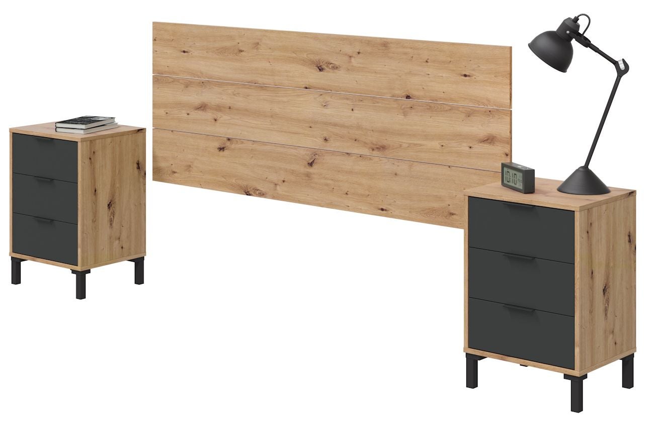 Cabeceira Enzo com mesas de cabeceira Gris Antracita - Roble Nodi 160 x 60 x 25 cm - 2