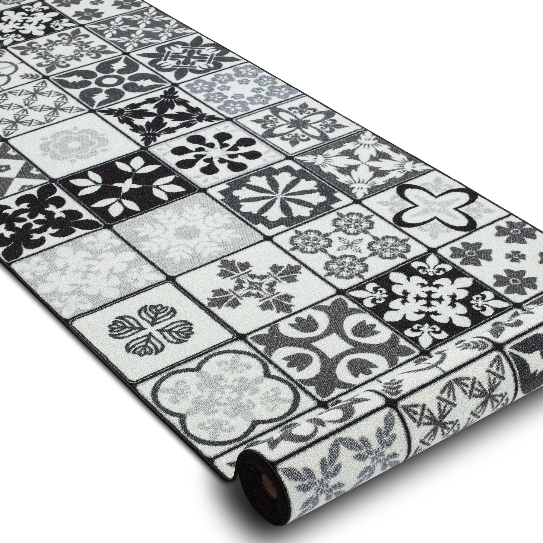 TAPIS DE COULOIR antidérapant AZULEJO PATCHWORK, CARREAUX DE LISBONNE gris / noir 110x520 cm - 2