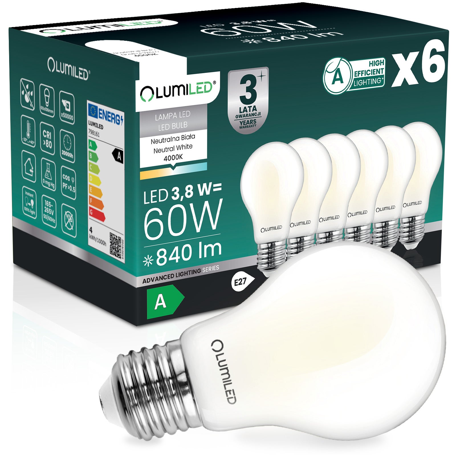 Żarówka LED Lumiled E27 A60 3.8W 840lm 4000K Neutralna biel 360st Filament Klasa A 6 szt.