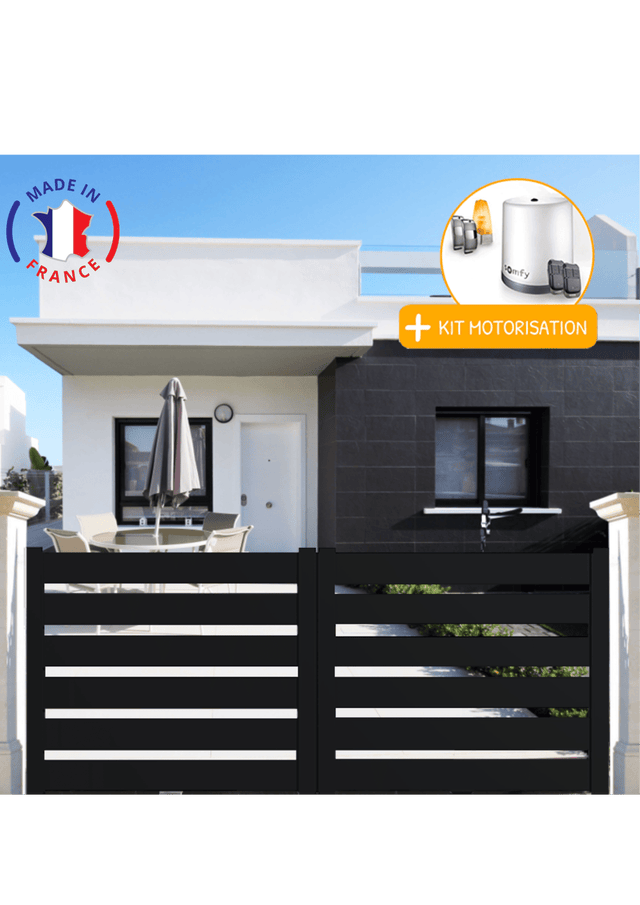 Portail aluminium coulissant SAH en kit + Motorisation dimensions L.4000 (entre piliers) X H.1500 mm Couleurs Noir (RAL 9005)