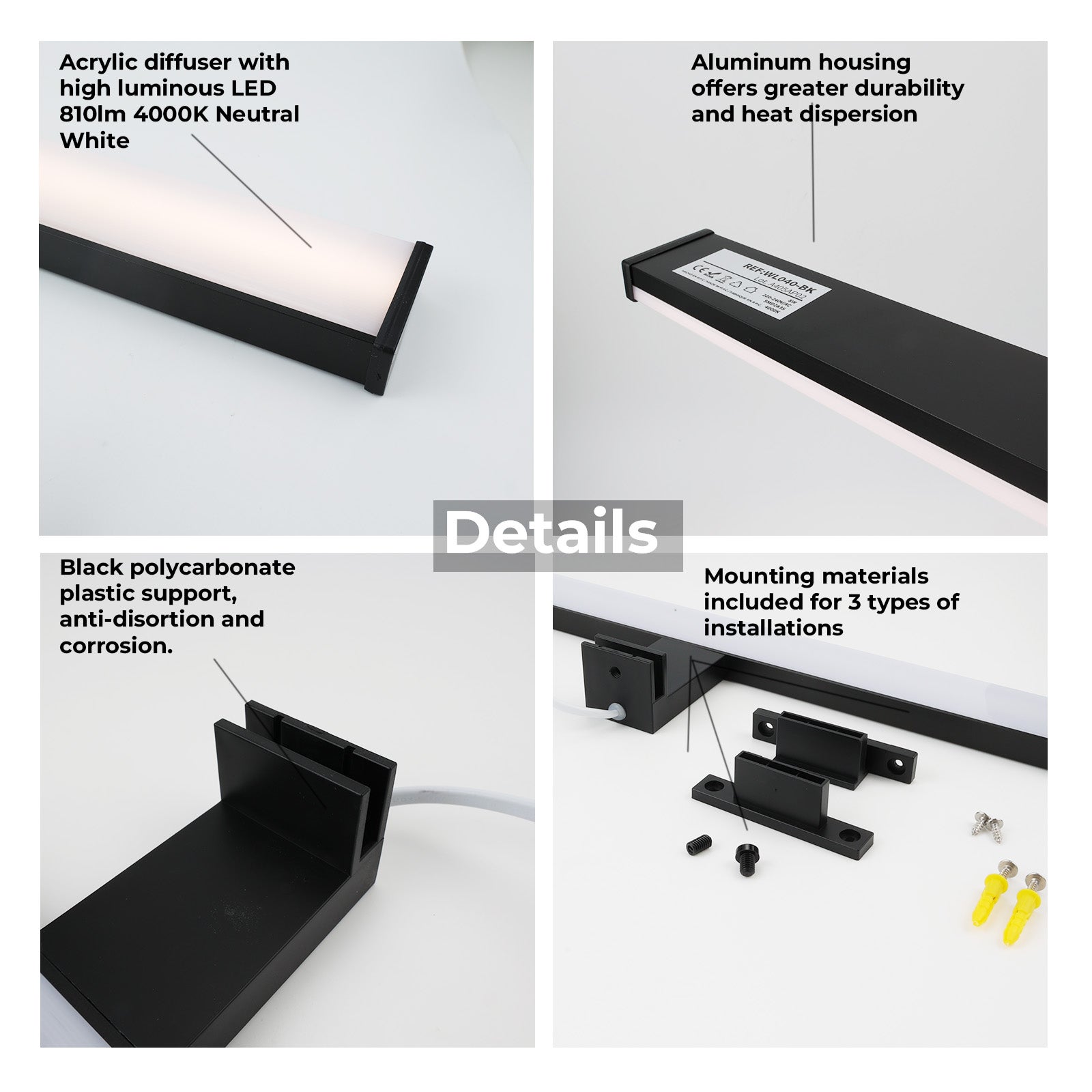 Aplique de Pared LED Slim para Baño y Espejo de Aluminio, 10W-40cm-IP44, Luz Blanca Neutra 4000K Negro - 8