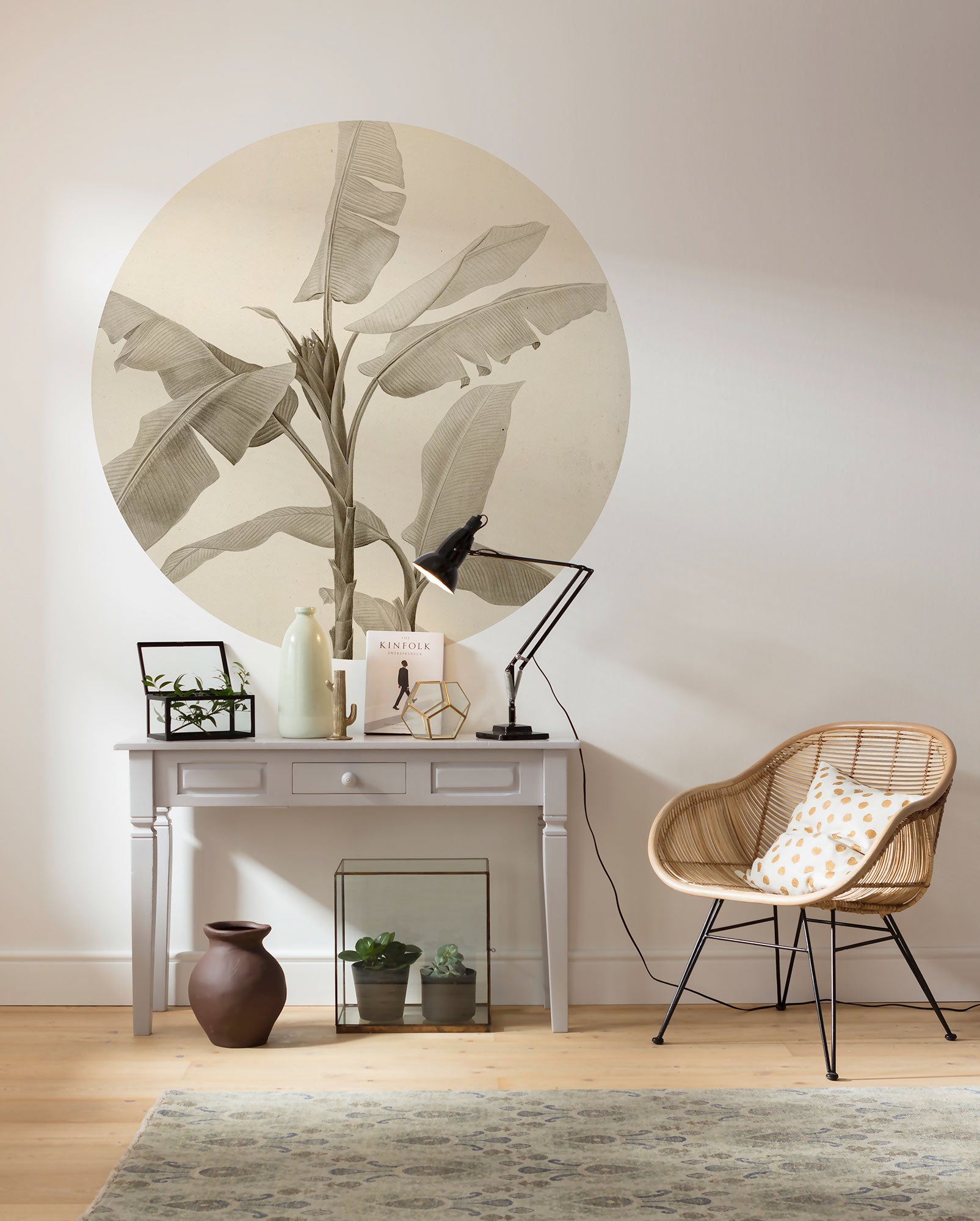 Papel pintado panorámico redondo en tela no tejida autoadhesiva de komar - banana plant - talla: ⌀125 cm