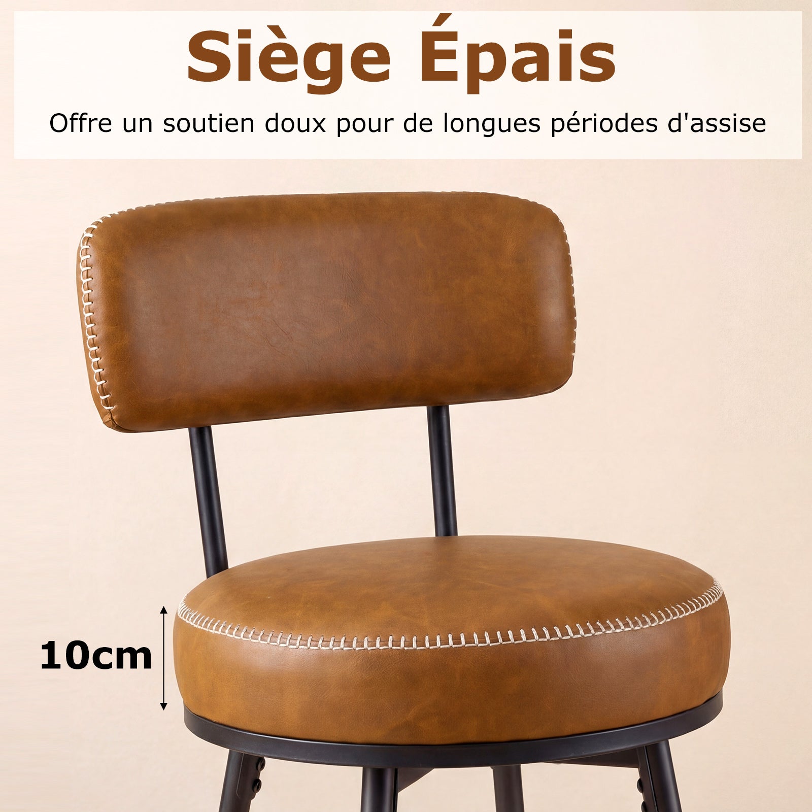 Lot de 2 Tabourets Bar Pivotants, Chaises de Bar avec Dossier Rembourré, Repose-Pieds, Pieds en Métal, Hauteur d'Assise 73 cm, Marron - 5