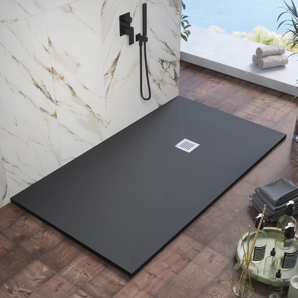 Plato de ducha 70 x 140 cm en marmoresina negra con efecto piedra | kos