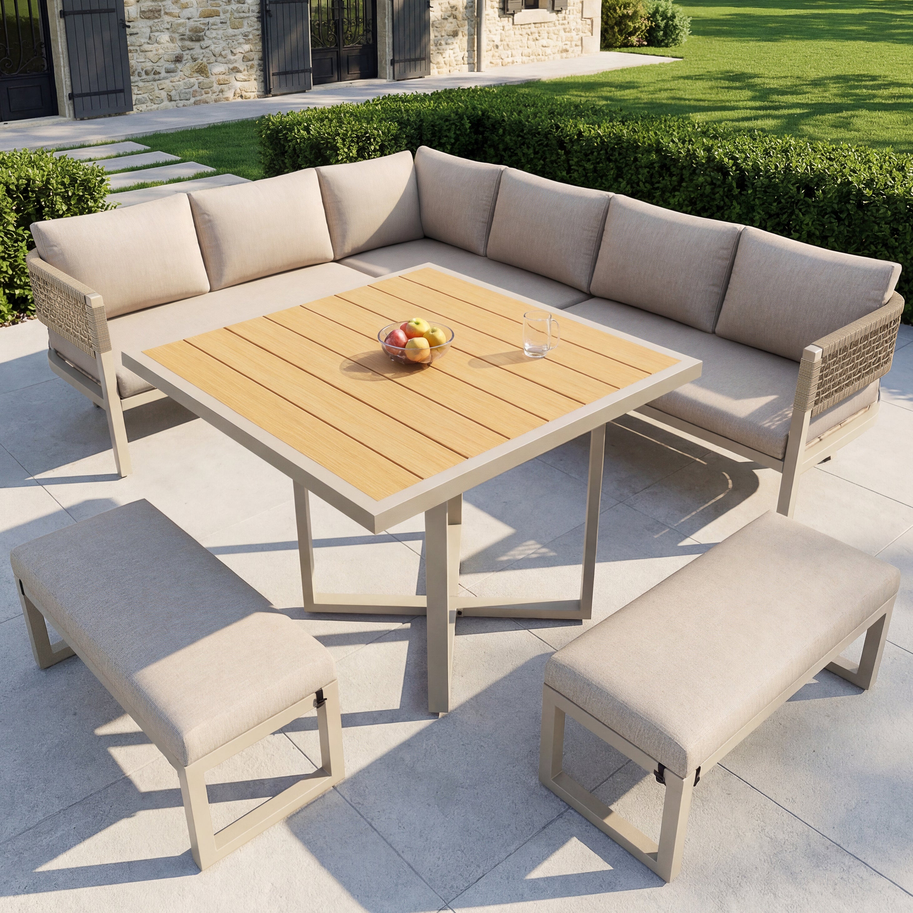 Ensemble de meubles de jardin en tressée main pour 8 à 10 personnes avec coussin, salon de jardin en métal avec canapé, table à manger, banc - beige - 7