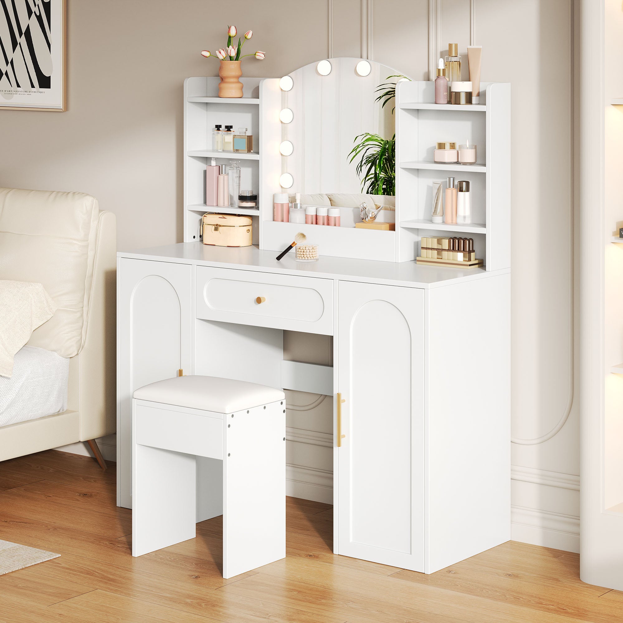 Toaletka z lustrem 110x40x132cm - z regulowanym oświetleniem LED - z 1 stołkiem - z 1 szufladą i 2 drzwiami - Biały