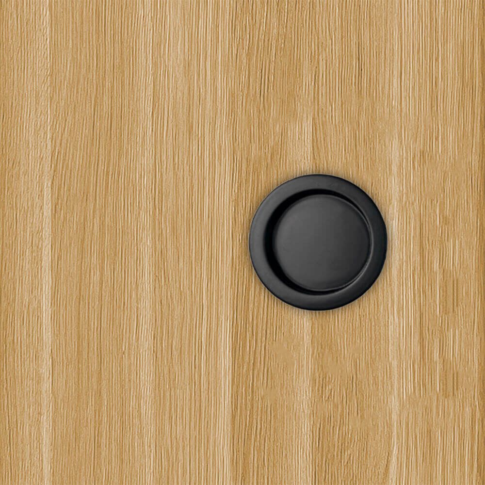 Porte coulissante cloison Matild 83 cm avec cuvette ronde noire, finition chêne brut structuré - Reivilo - 3