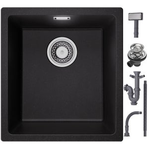 CECIPA MAX Evier 1 Bac en Quartz et Résine, Evier de Cuisine en Granit Noir Gris, Evier Quartz 3 Options de Montage, 40*44*20cm