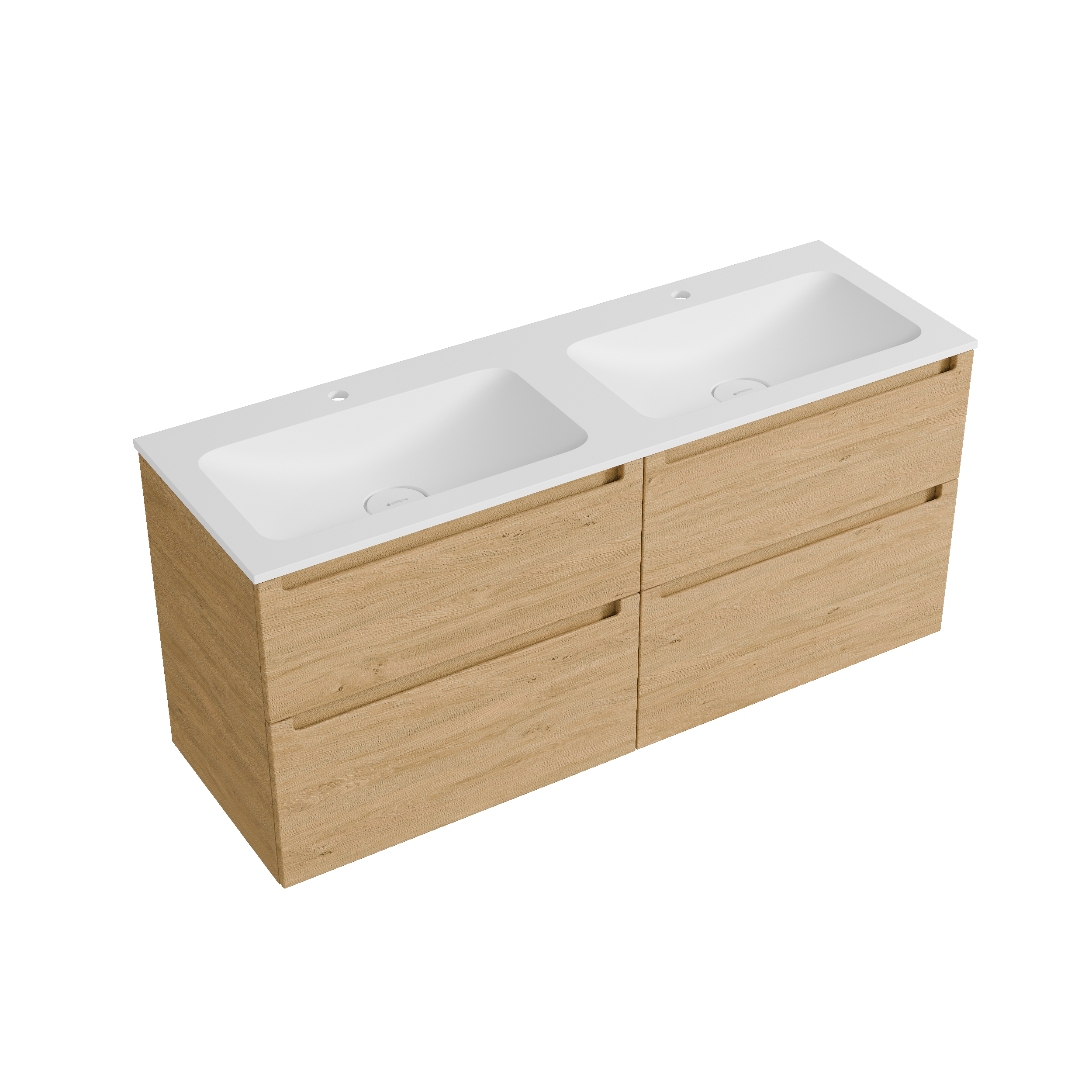 BERNSTEIN - Meuble double vasque suspendu MDF Chêne miel, lavabos fonte Blanc mat + trous robinet, tiroirs pivotants - 120x46x62cm - VIREO - 4