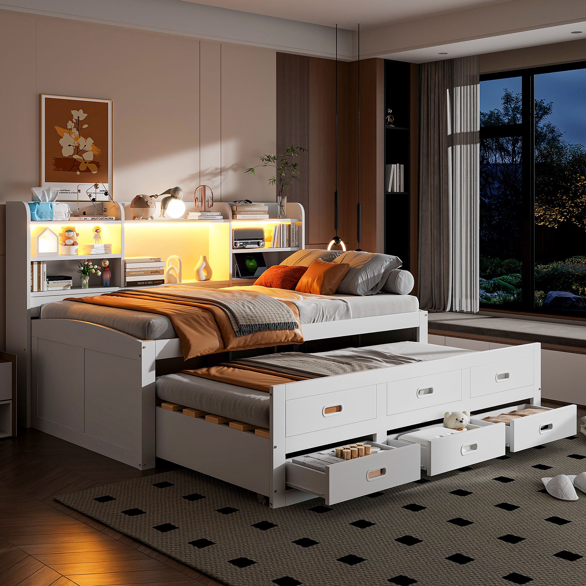 Sofa-lóżko Daybett 90x200cm biały z LED, 3 szufladami, USB, Type-C