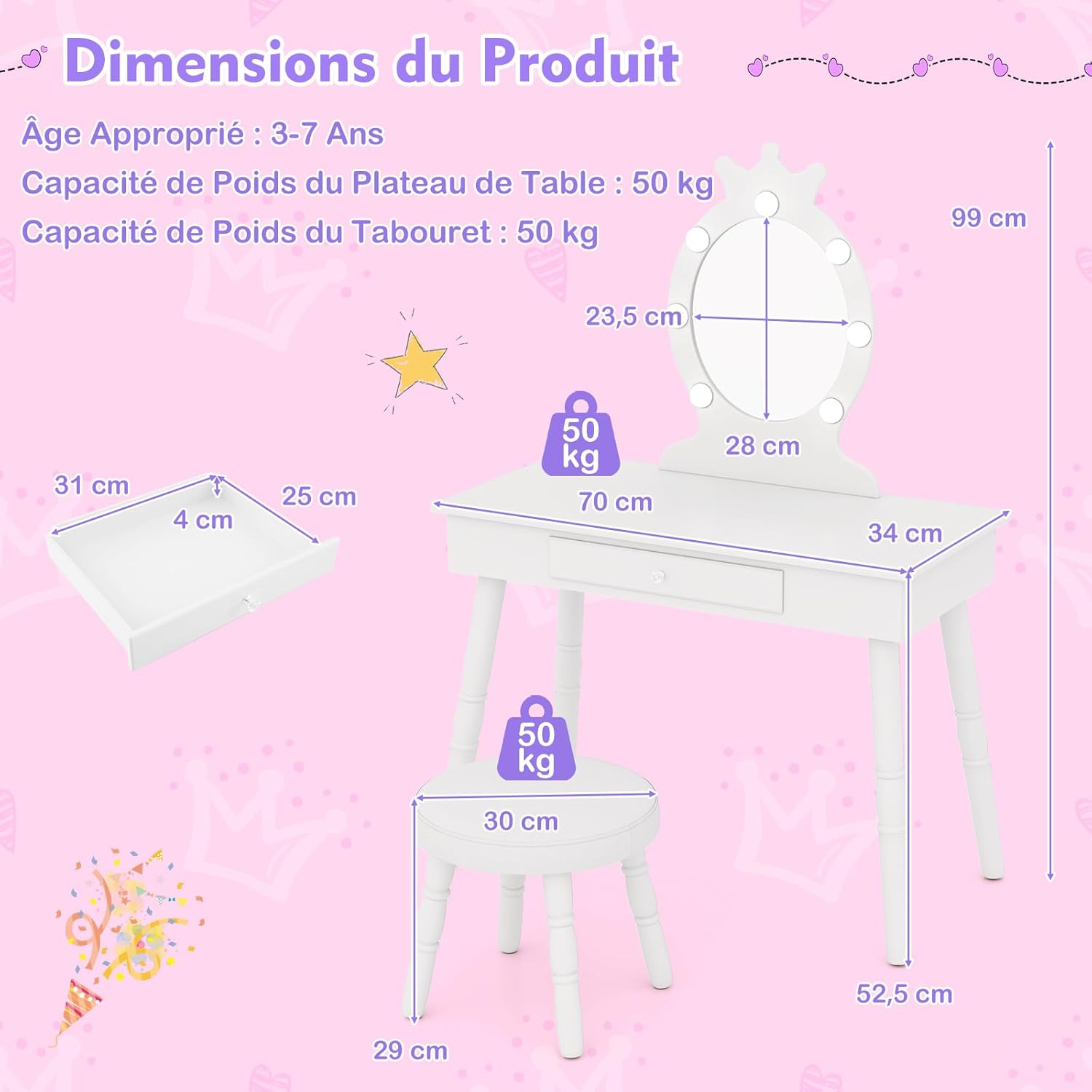 Set Toeletta Trucco per Bambina con Sgabello, Specchiera Trucco Staccabile con Luci LED a 3 Colori, Postazione Trucco Giocattolo con Cassetto - 5