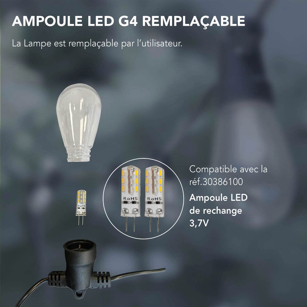 Guirlande Guinguette Solaire LED 8,4m, 12 ampoules remplaçables G4, 12 x 3,8 lumens, 3000K Blanc-chaud, IP44, crépusculaire - Tibelec - 3