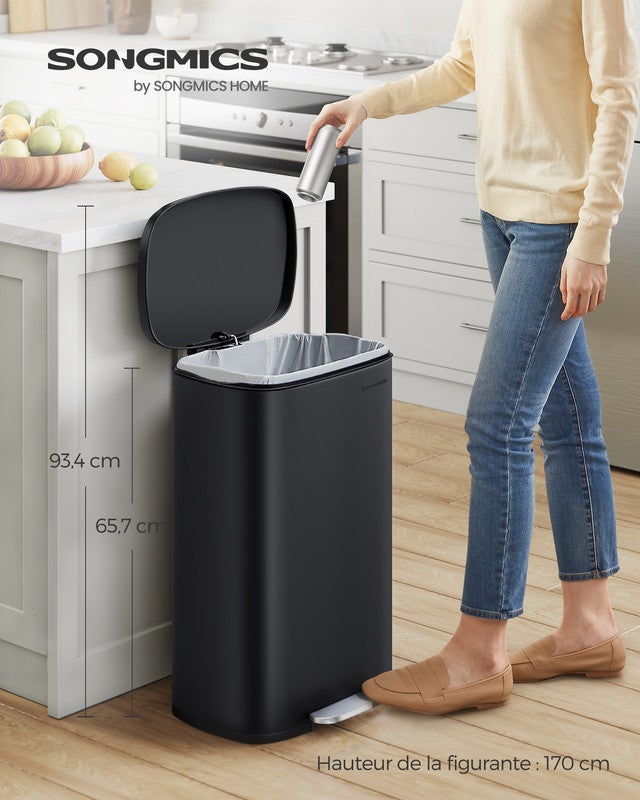 Poubelle Cuisine 50L, Poubelle Bureau, Fermeture en Douceur, avec Pédale, en Acier, Seau Intérieur, Noir - 2