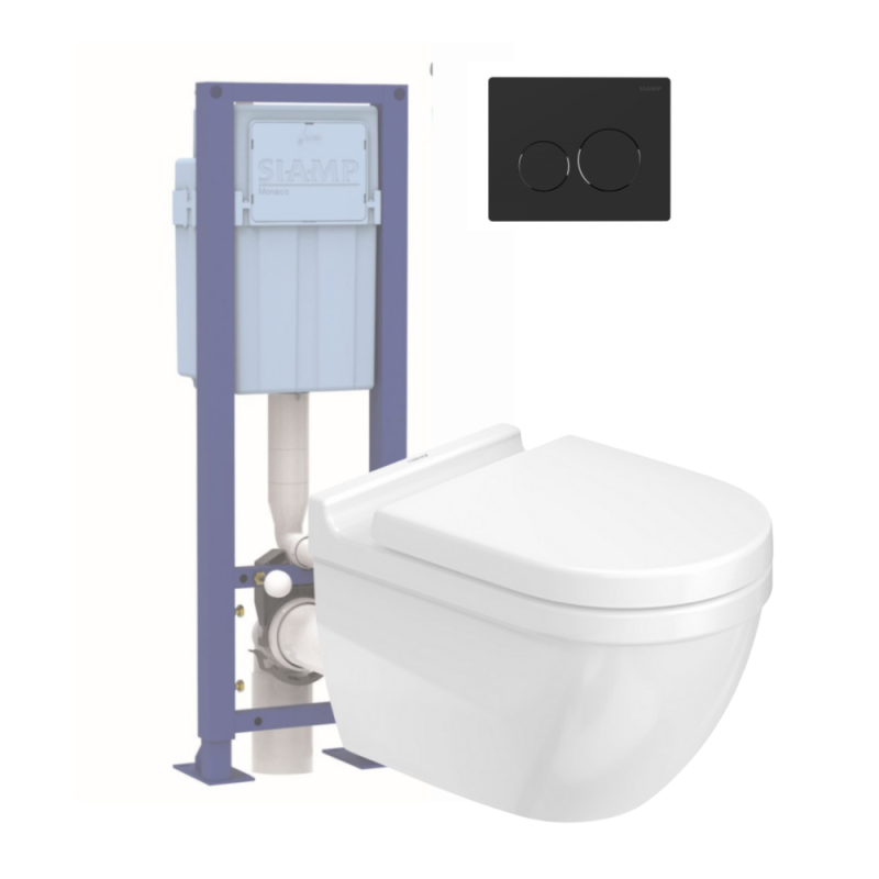 Pack inodoro suspendido sin reborde duravit starck + asiento + soporte siamp + placa negra