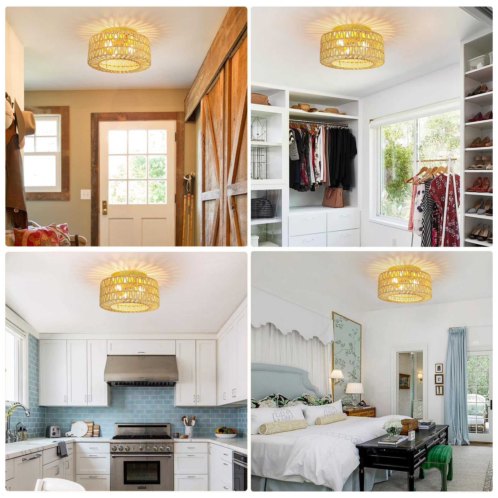 Lampa sufitowa rattanowa, żyrandol w stylu boho, lampa wisząca z żarówką, żyrandol sufitowy w stylu wabi-sabi, 3 temperatury barwowe (3000K–6000K) - 7