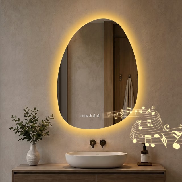 S'AFIELINA Miroir de Salle de Bain avec Éclairage Asymétrique 75 x 55 cm, 3 Couleurs de Lumière Réglables, Antibuée, Bluetooth, Horloge, Température