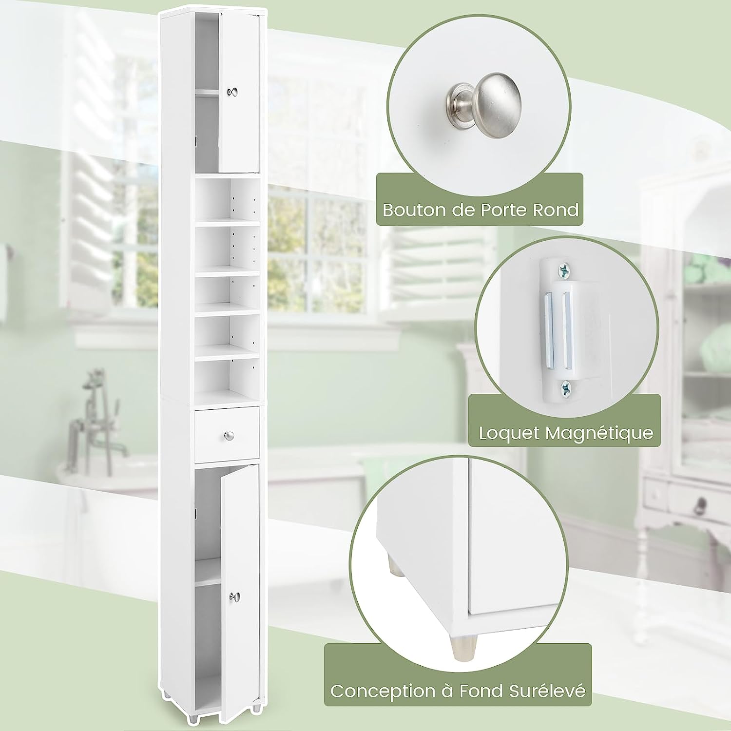 Armadio da Terra Alto, Mobile Colonna Bagno con 2 Ante 1 Cassetto e 5 Ripiani Regolabili, Mobile Bagno Salvaspazio per Soggiorno e Camera da L - 4