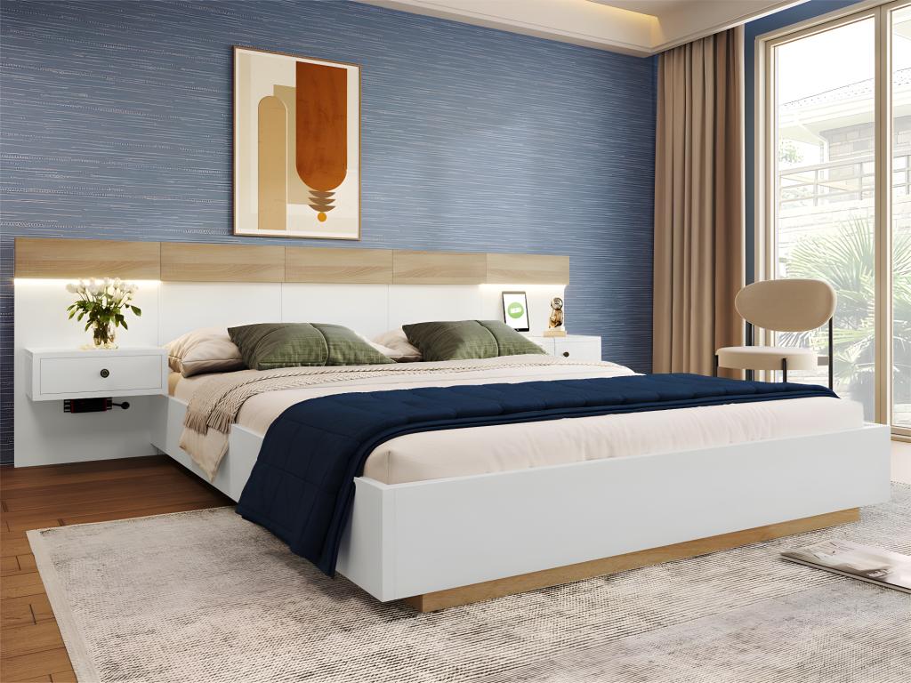 Testiera Sospesa AVA IDMarket 240 Cm - Doghe Bianco E Ripiani Legno Faggio, Per Letti 140/160 Cm