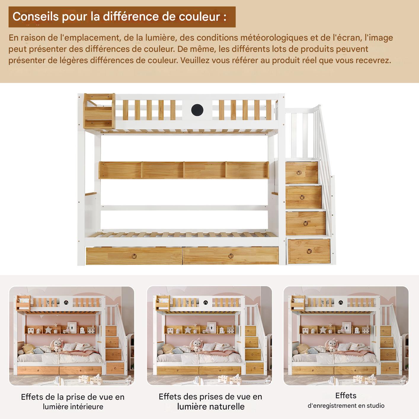 Lit Superposé Enfant 90X200 cm avec Escalier Rangements, Lit D'enfant avec garde-corps, 2 Tiroirs + ÉtagèRes Ouvertes - Pin + MDF- Blanc + Naturel - 4