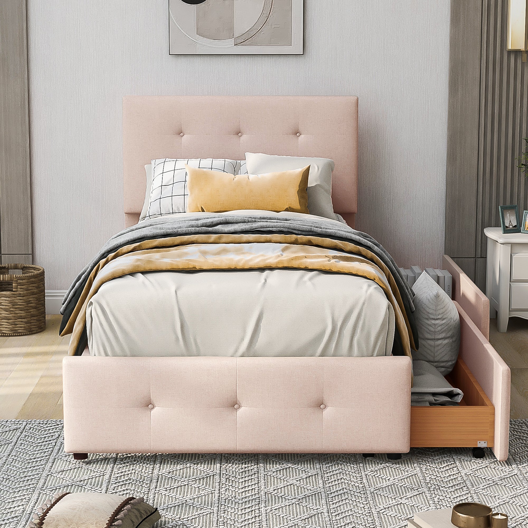 Lit simple 90x200 cm, lit enfant avec 2 tiroirs et tête de lit réglable, tissu en velours beige clair, sans matelas