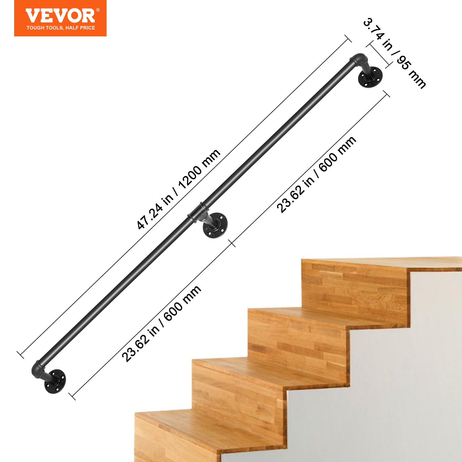 Rampe Escalier Murale VEVOR 1,2 m Main Courante Acier Carbone Garde-Corps Métal Capacité Charge 200 kg/Tube Rambarde 2 Tubes 32 mm 3 Supports Muraux - 7