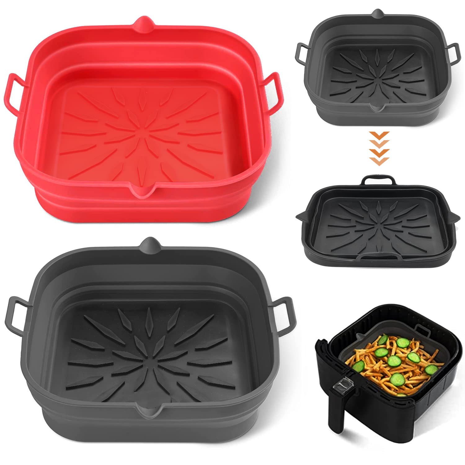 Zestaw 2 silikonowych koszyków 20 cm, kwadratowy, płaski, wielokrotnego użytku i składany do pieczenia