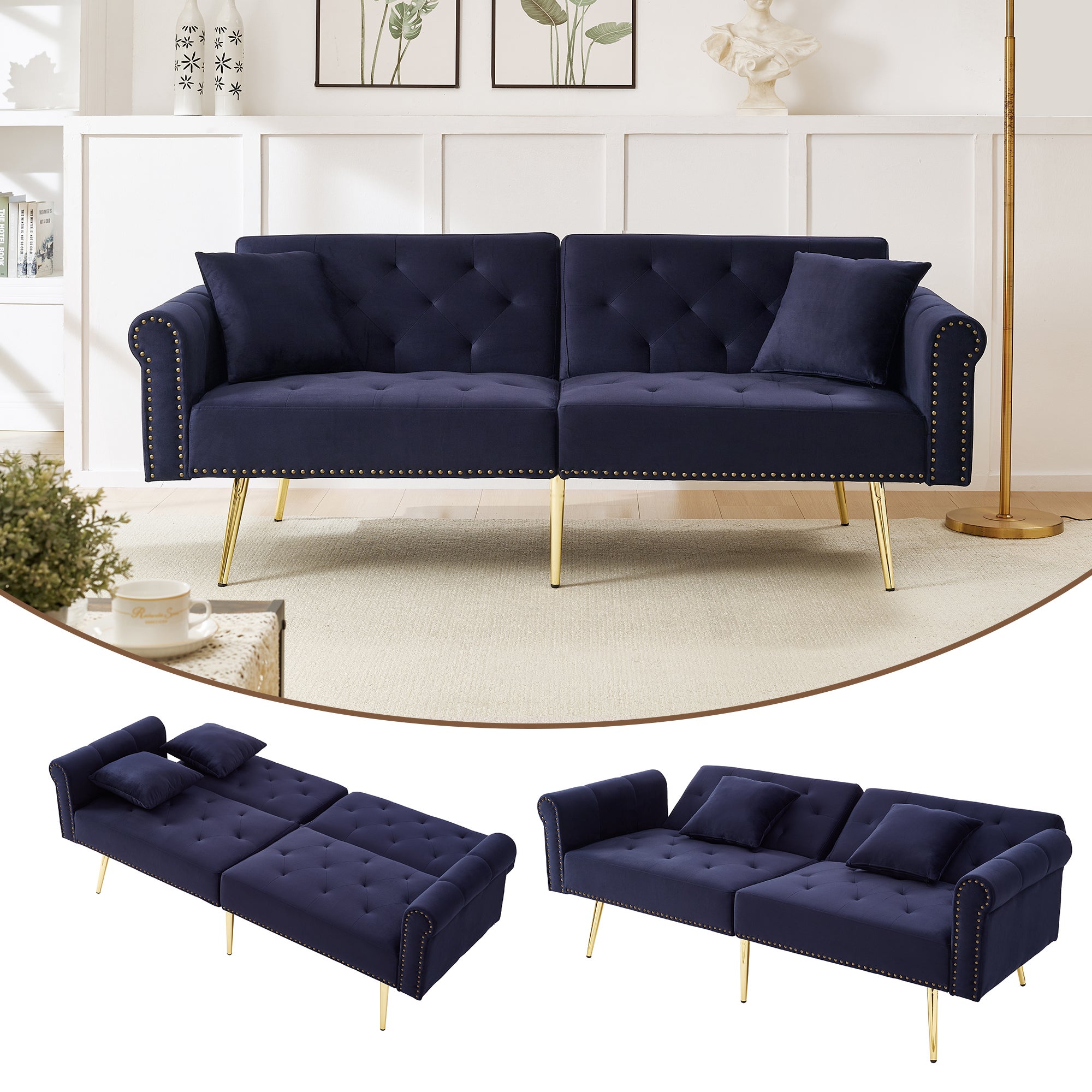 Sofa welurowa 2-osobowa z funkcją spania - 173 x 75 x 70 cm - Złote metalowe nogi - z funkcją spania - Antyczny niebieski