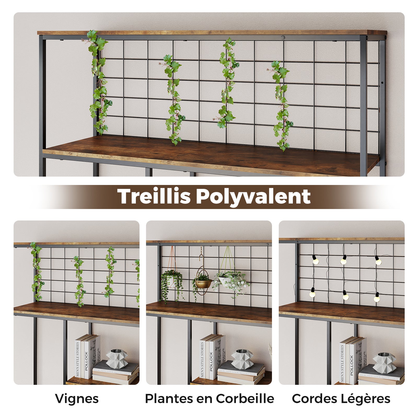 Support pour Plantes à 6 Niveaux, Bibliothèque Haute avec Filet en Métal, pour Salon Terrasse, 100 x 30 x 180 cm, Brun Rustique - 8