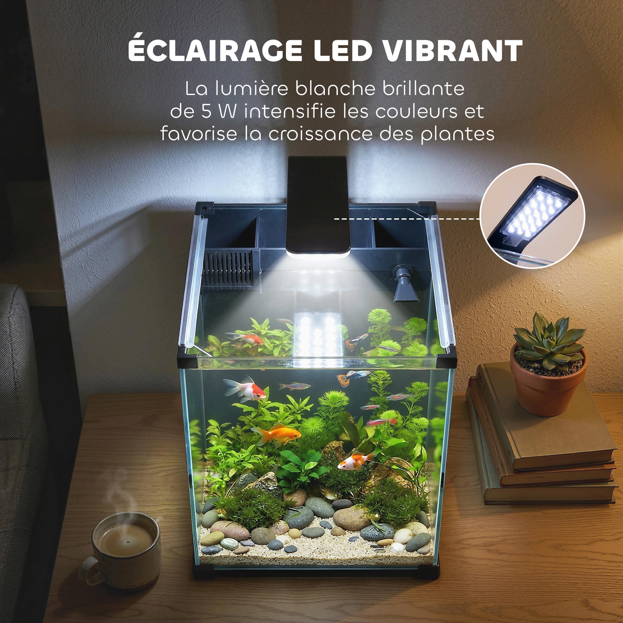 Nano acuario de cristal templado con filtro integrado, bomba de 5 W e iluminación LED, 30x30x45 cm, negro. - 9