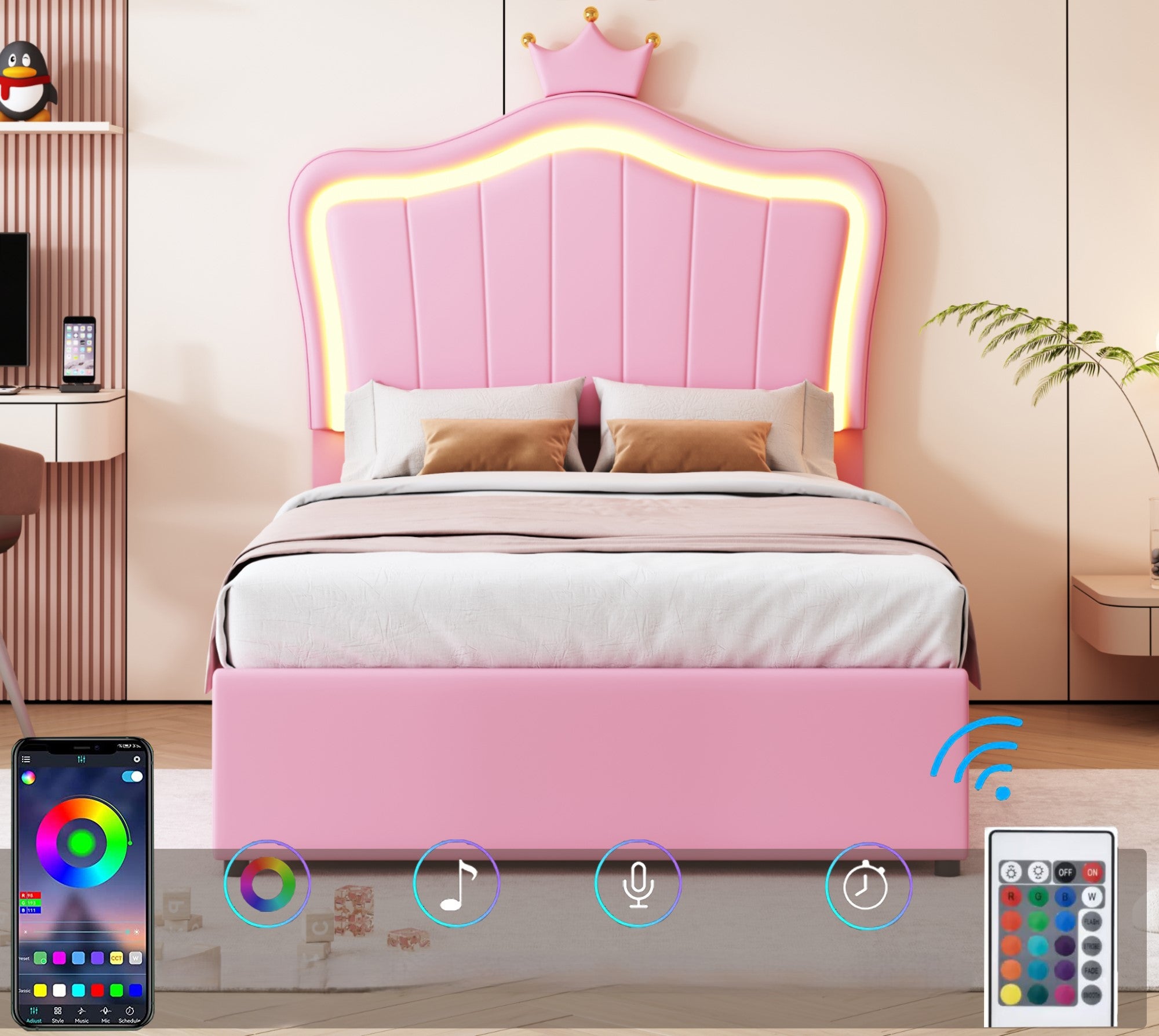 Łóżko skrzyniowe ze sztucznej skóry 90x200 cm - z diodami LED i podstawą z listew - Różowe