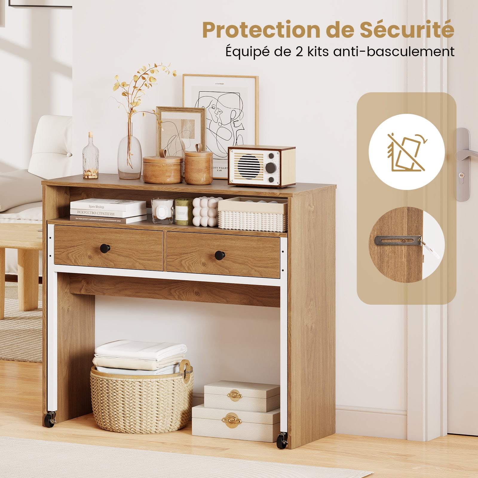Bureau Extensible Mobile, Table d'Ordinateur Gain de Place avec Tiroirs, Bureau Console en Bois Compacte avec Roulettes pour Salon, Chambre, Naturel - 6