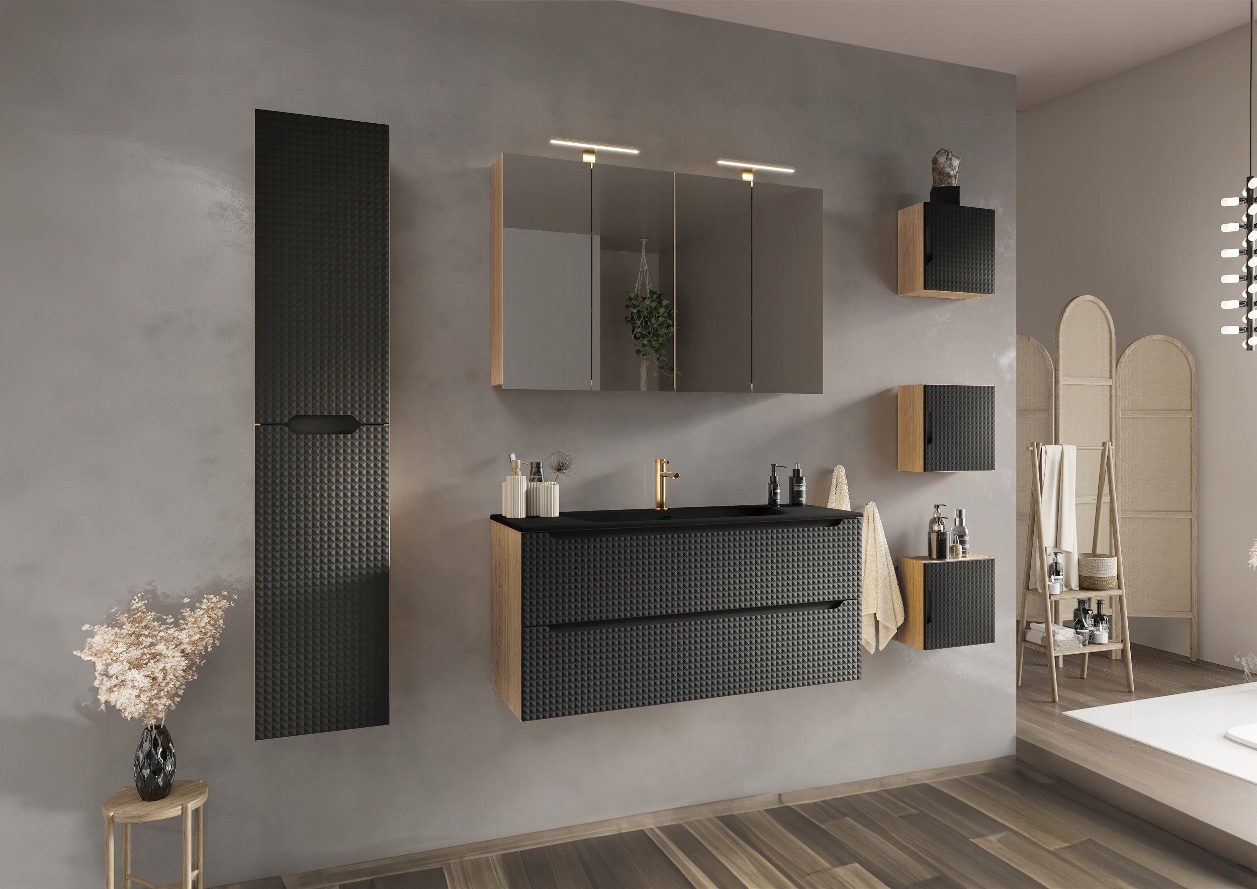 Szafka łazienkowa LUXOR 60 cm czarna dąb olejowany front 3D MDF wisząca - 3