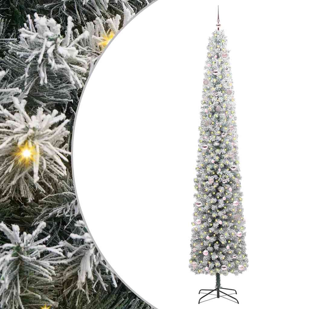 UISEBRT Albero di Natale artificiale con illuminazione a LED, 240 cm, con ghirlanda luminosa e supporto, decorazione natalizia in PVC verde con effetto neve e pigne
