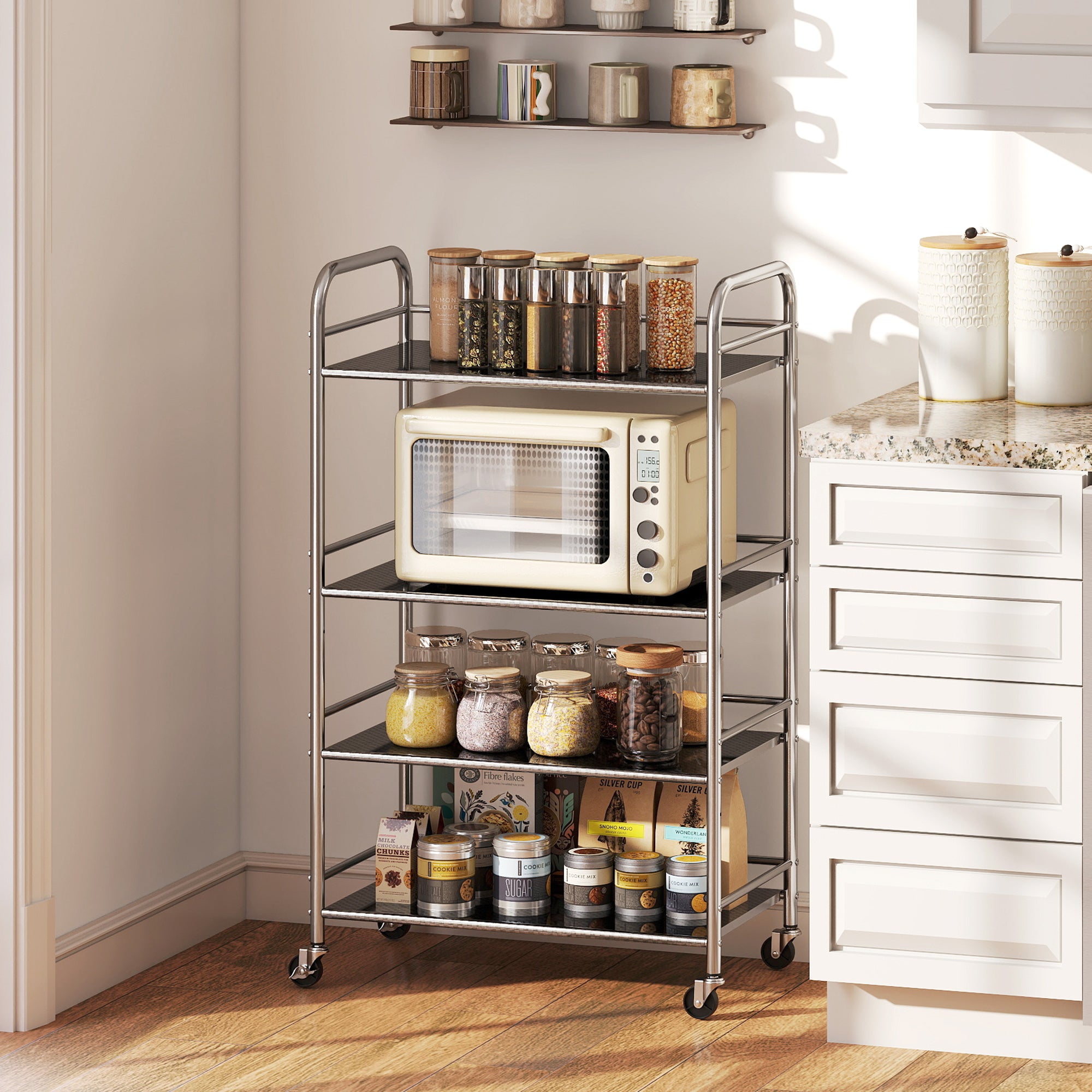 Carrello Multiuso In Acciaio Inox Con 3 Cestini - Ruote Girevoli 360°, Bloccabili, Per Cucina E Bagno