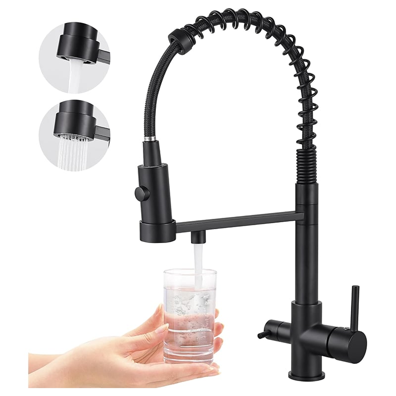 Trójdrożny kran kuchenny, wyciągany kran kuchenny, mosiężny kran do zlewu, bateria mieszaczowa z filtrem do wody 3 w 1 (matowa czerń)