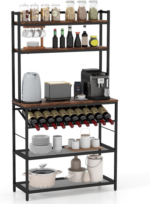 Regał kuchenny, stojący, z uchwytem na wino, do 10 butelek, regał do kuchenki mikrofalowej z blatem roboczym i 4 półkami, metalowy, do 125 kg,brązowy