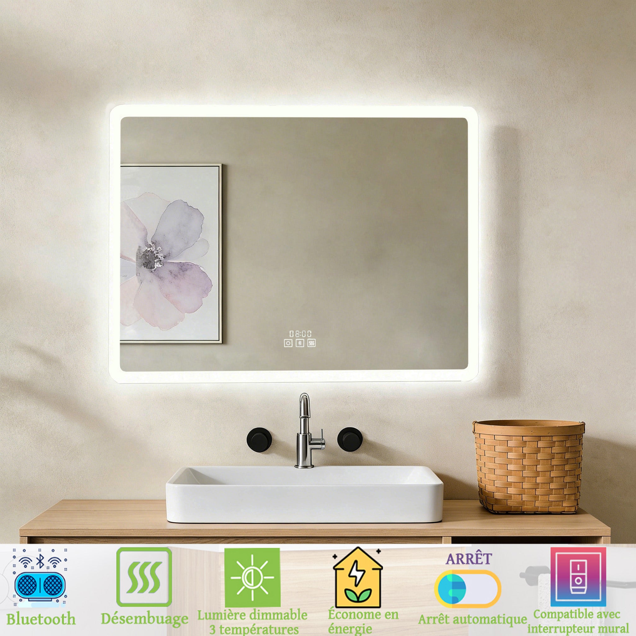 Miroir lumineux de salle de bain 80x60 cm - Éclairage 3 Couleurs, Bluetooth, Anti-Buée,Horloge, Mémoire. Miroir de salle de Bain rectangulaire - 2