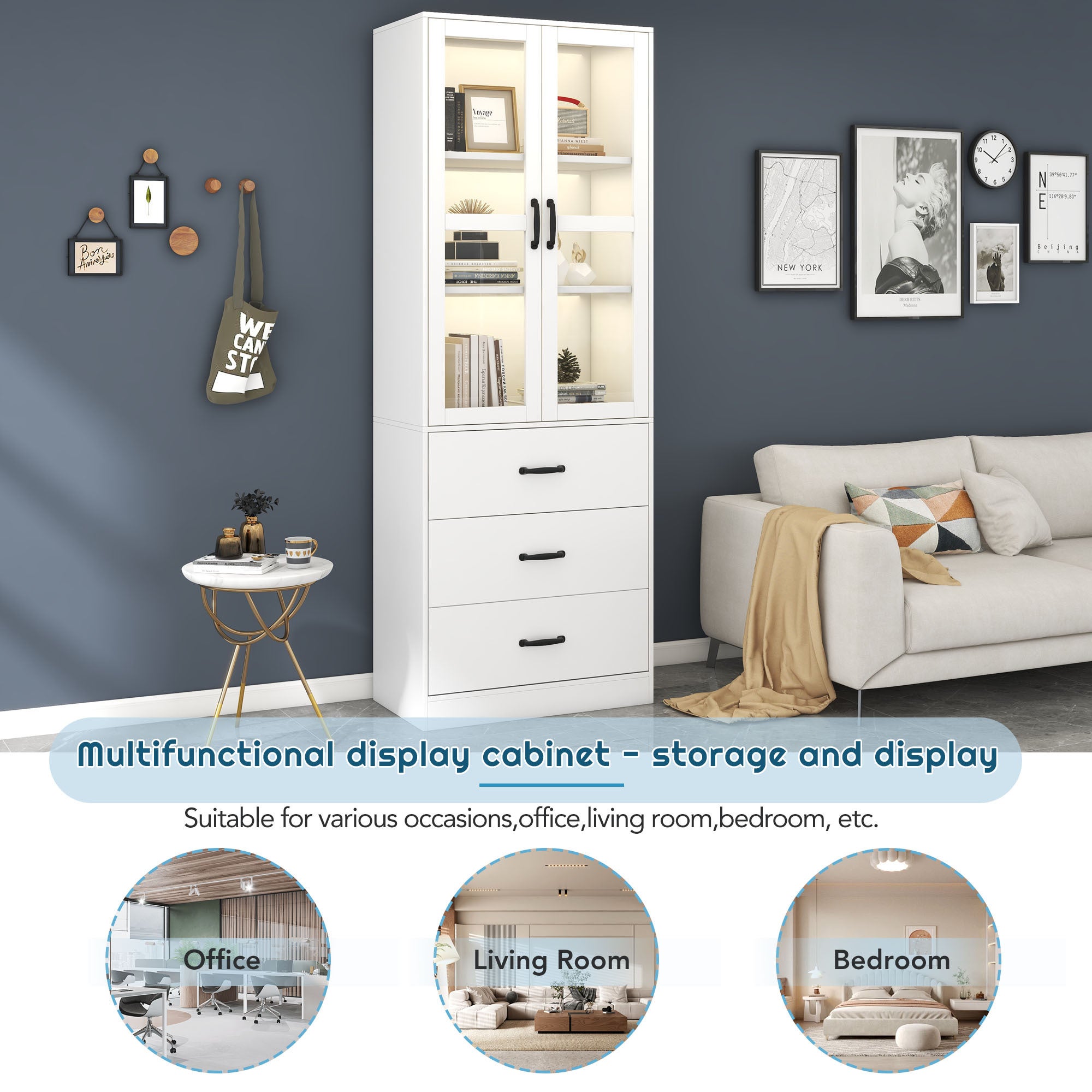 Armoire Vitrée LED Avec éclairage - 180 Cm, 6 Portes, 8 étagères, Blanc Moderne