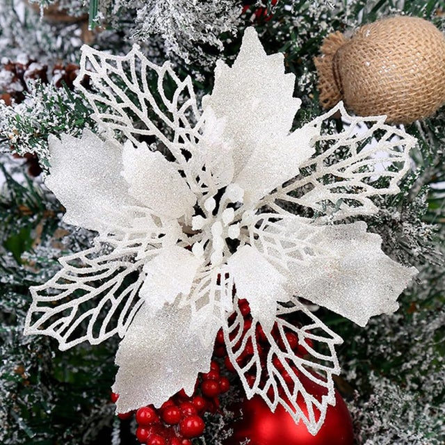 Zestaw 10 ozdób świątecznych, sztuczne, brokatowe kwiaty bożonarodzeniowe ze spinaczami, dekoracje na choinkę, wieniec bożonarodzeniowy, φ16 cm