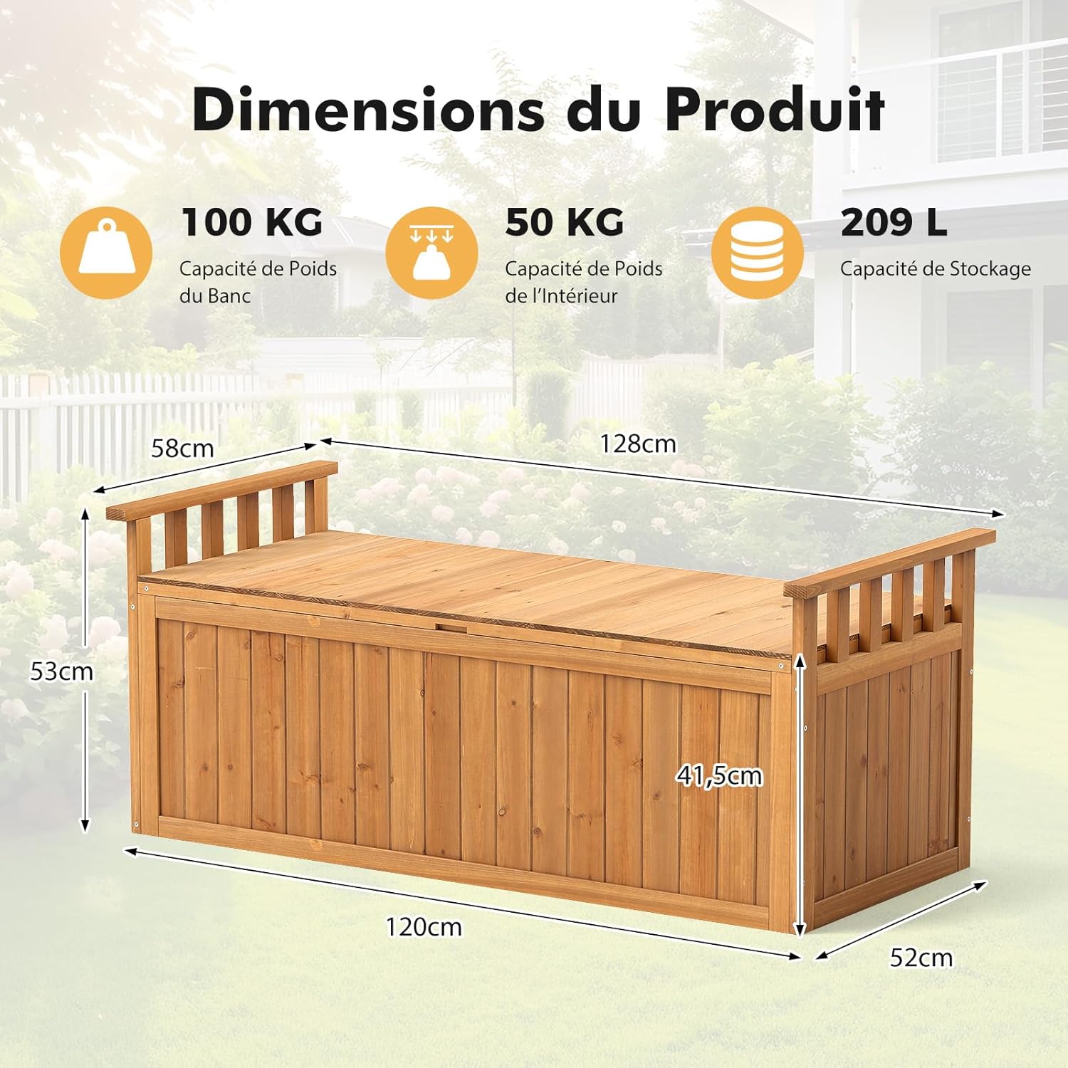 Banc de Rangement d'Extérieur en Bois, Banc d'Extérieur à 2 Places de 209 L avec Accoudoirs, pour Outils de Jardin, Charge 100KG - 3